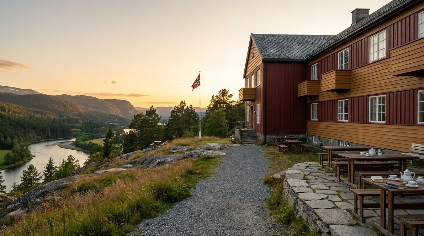 The flat-roofed functionalist facade of Børjo Hotels standing above the wide bend of the Glomma at Elverum.
